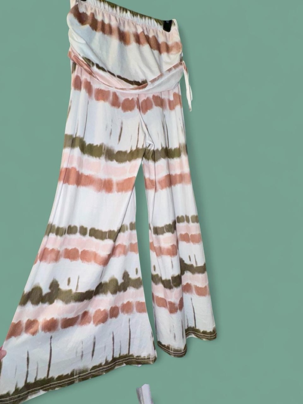 Tie-Dye Flowy Wide Leg  Pants - White with Pink & Olive